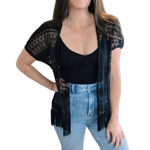 Poof Sheer Lace Fringe Kimono Black Small Medium Festival Goth Western Boho‎